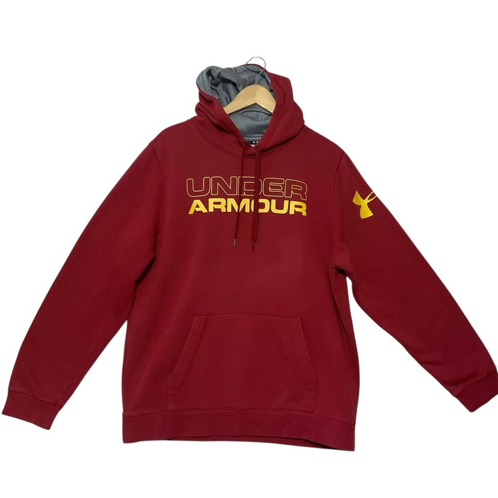 UNDER ARMOUR sz Large Men’s Hefty Logo Hoodie Fleece Lined Pouch Red Yellow